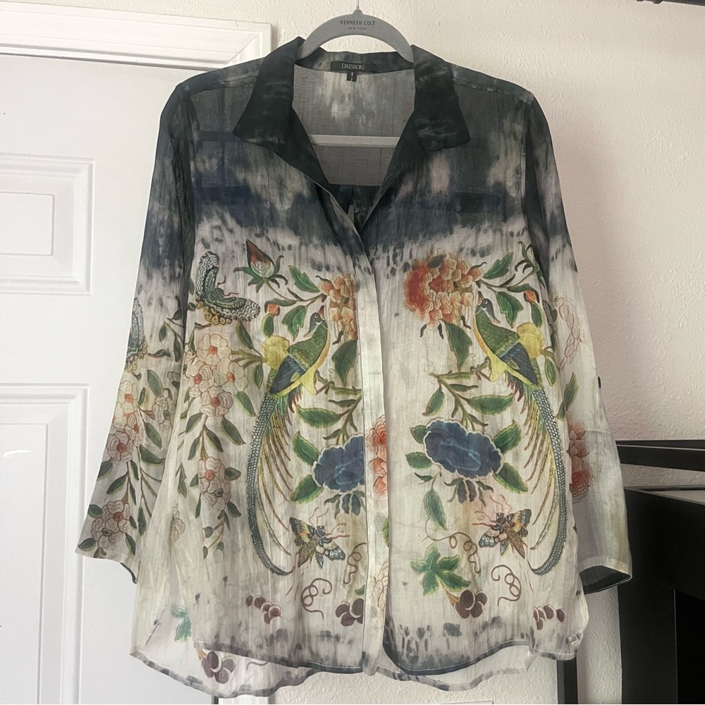 DRESSORI black white ombre paint watercolor bird floral sheer soft button up